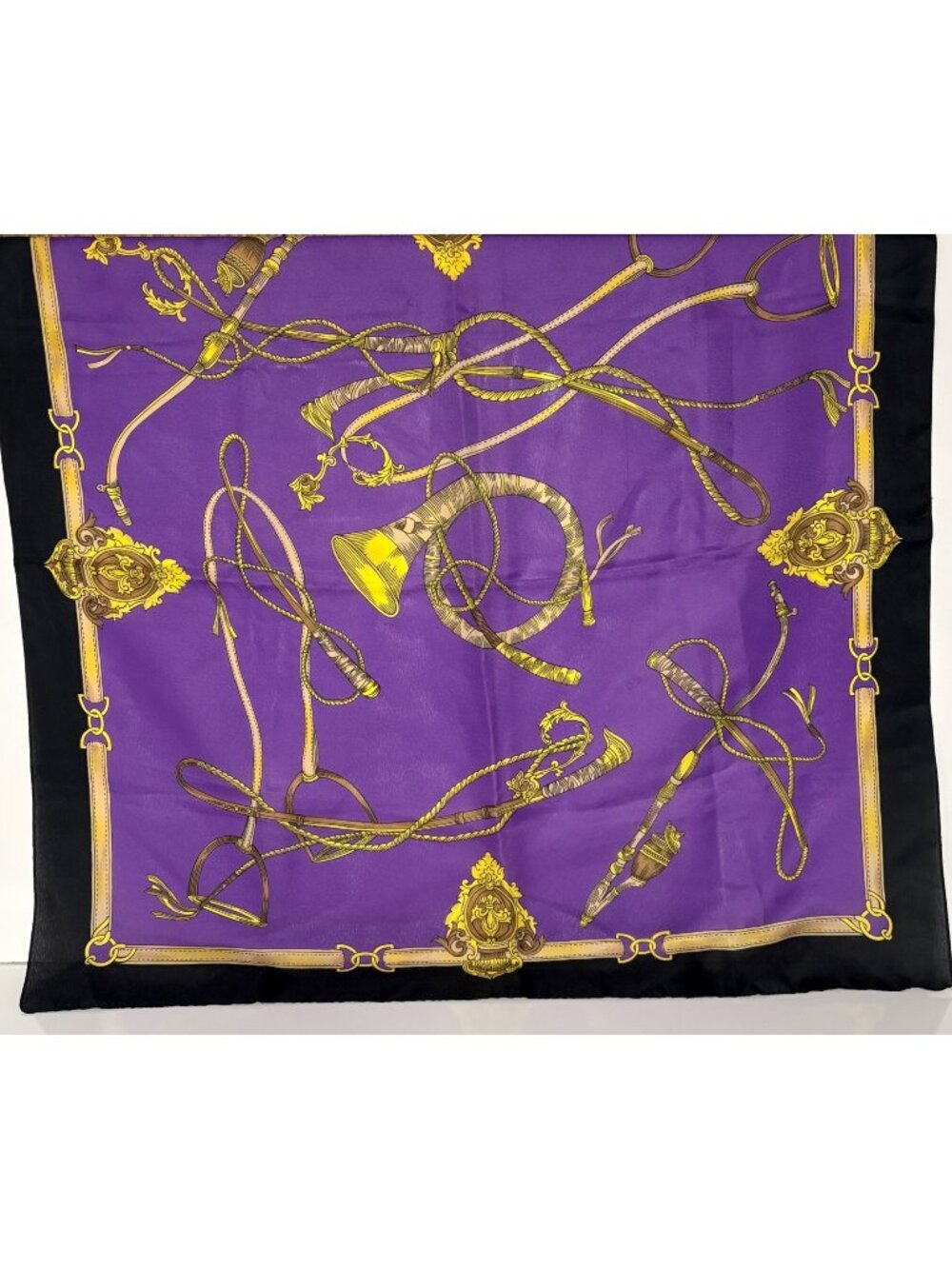 Purple Black Equestrian Square Scarf Gold Stirrups Horn Design Vintage